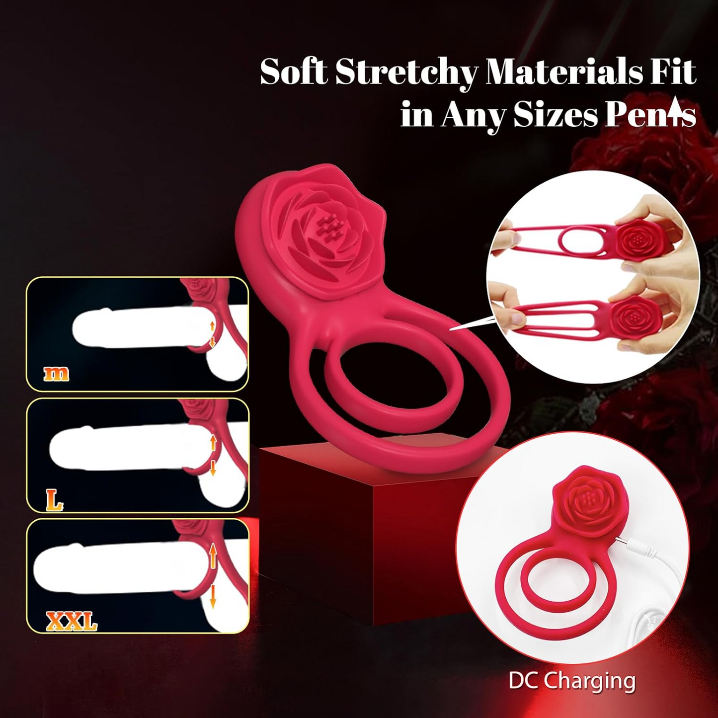 💥Vibrating Cock Ring with Rose Clitoral Stimulator – 7 Vibration Modes for Couples🍑🌹
