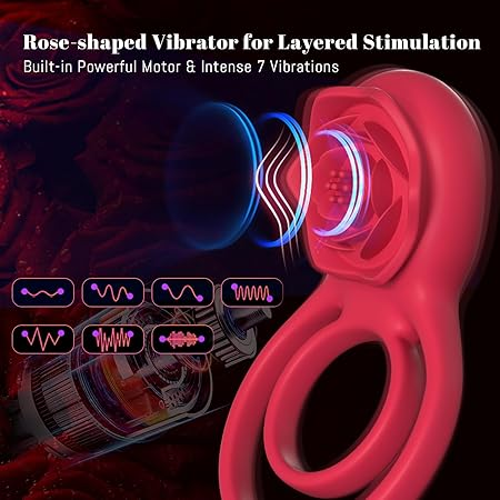 💥Vibrating Cock Ring with Rose Clitoral Stimulator – 7 Vibration Modes for Couples🍑🌹