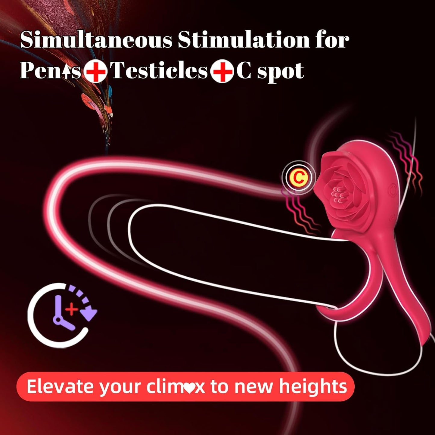 💥Vibrating Cock Ring with Rose Clitoral Stimulator – 7 Vibration Modes for Couples🍑🌹